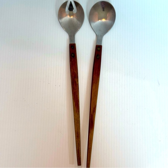 Other - Vintage MCM Salad Serving Spoons Wood Handle Japan Stainless Steel Utensils Set